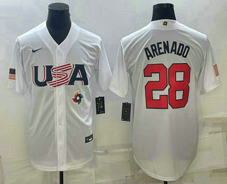 Mens USA Baseball #28 Nolan Arenado 2023 White World Baseball Classic Replica Stitched Jerseys